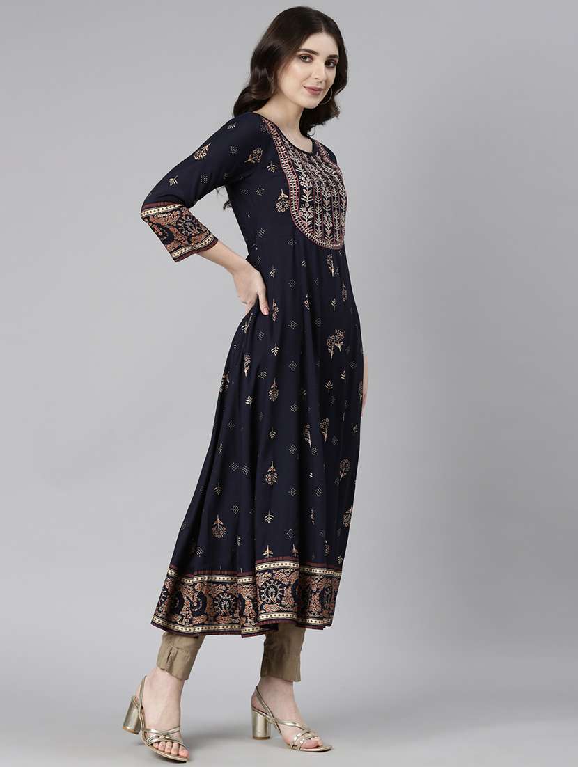women navy blue three quarter sleeve flared kurta - 21729801 -  Standard Image - 2