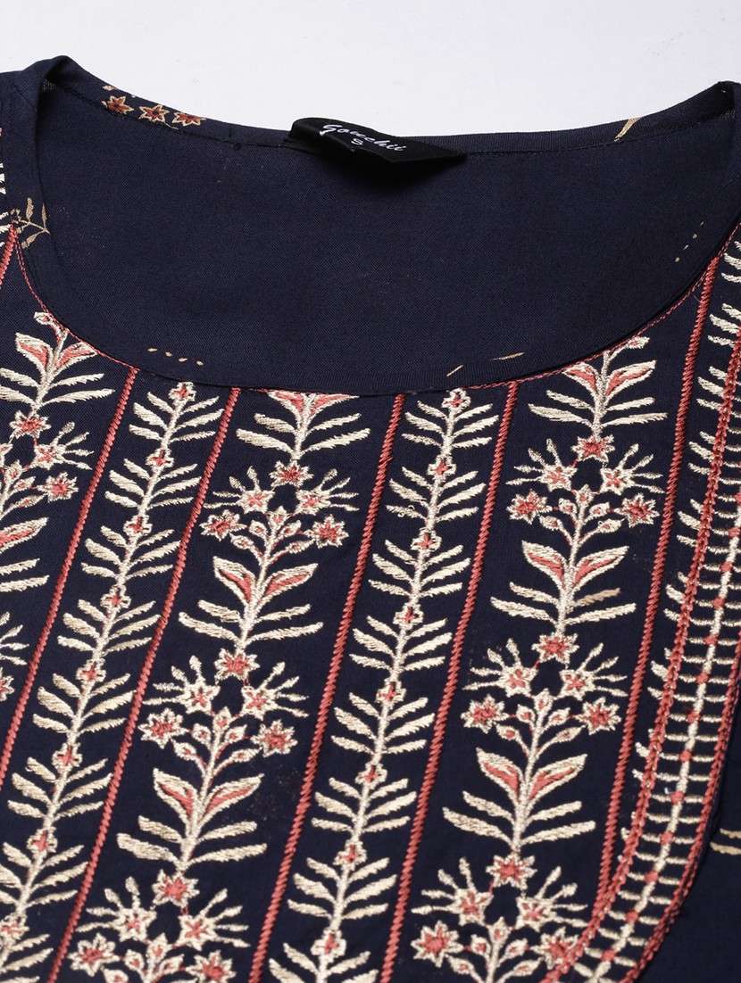 women navy blue three quarter sleeve flared kurta - 21729801 -  Standard Image - 7