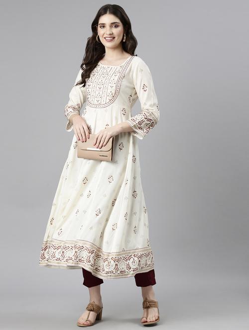 women off white three quarter sleeve flared kurta - 21729803 -  Standard Image - 0