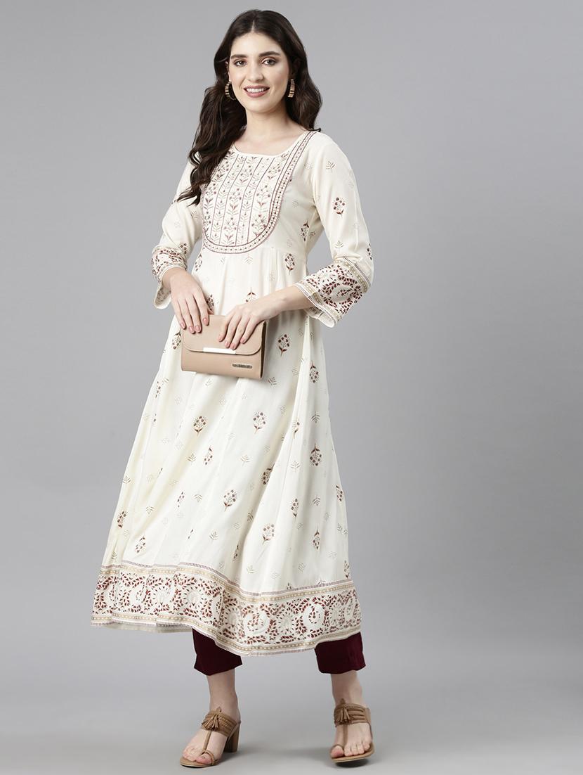 women off white three quarter sleeve flared kurta - 21729803 -  Zoom Image - 0