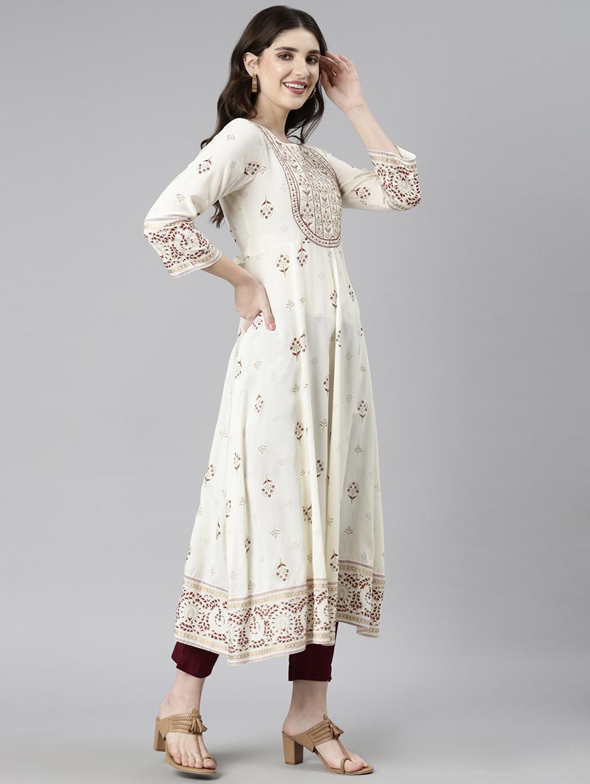 women off white three quarter sleeve flared kurta - 21729803 - Standard Image - 2