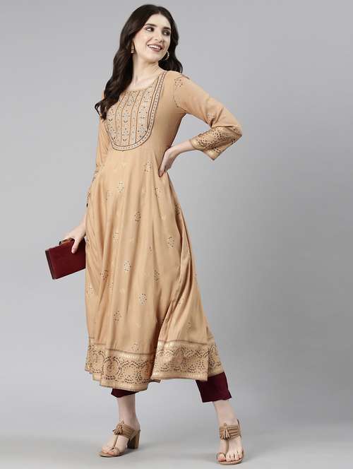 women beige three quarter sleeve anarkali kurta - 21729804 - Standard Image - 0