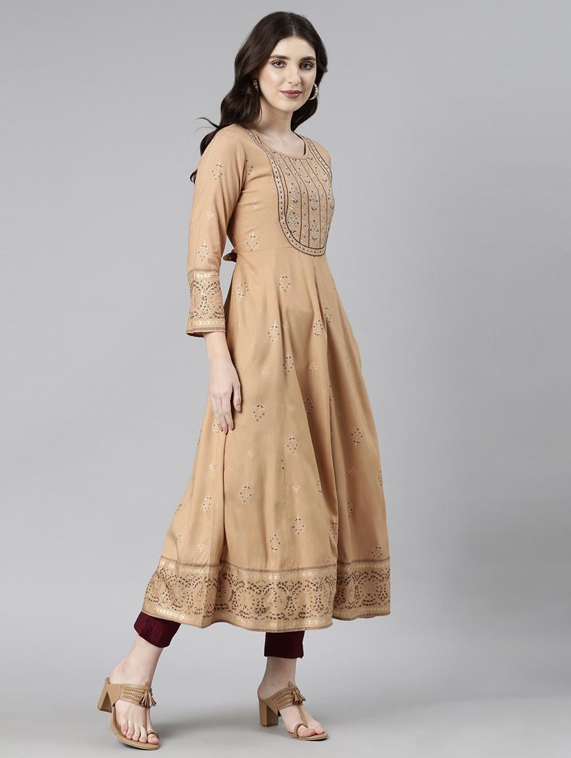 women beige three quarter sleeve anarkali kurta - 21729804 - Standard Image - 2
