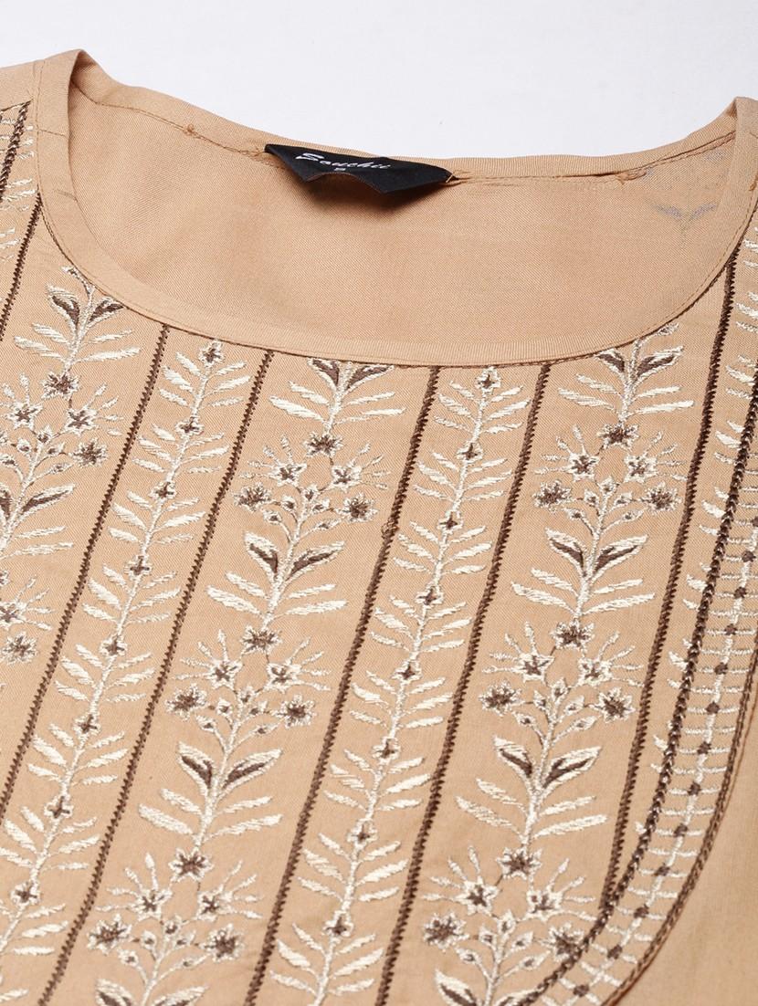 women beige three quarter sleeve anarkali kurta - 21729804 - Standard Image - 7