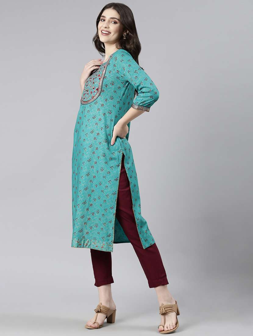 women embroidered three quarter sleeve straight kurta - 21729805 - Standard Image - 2