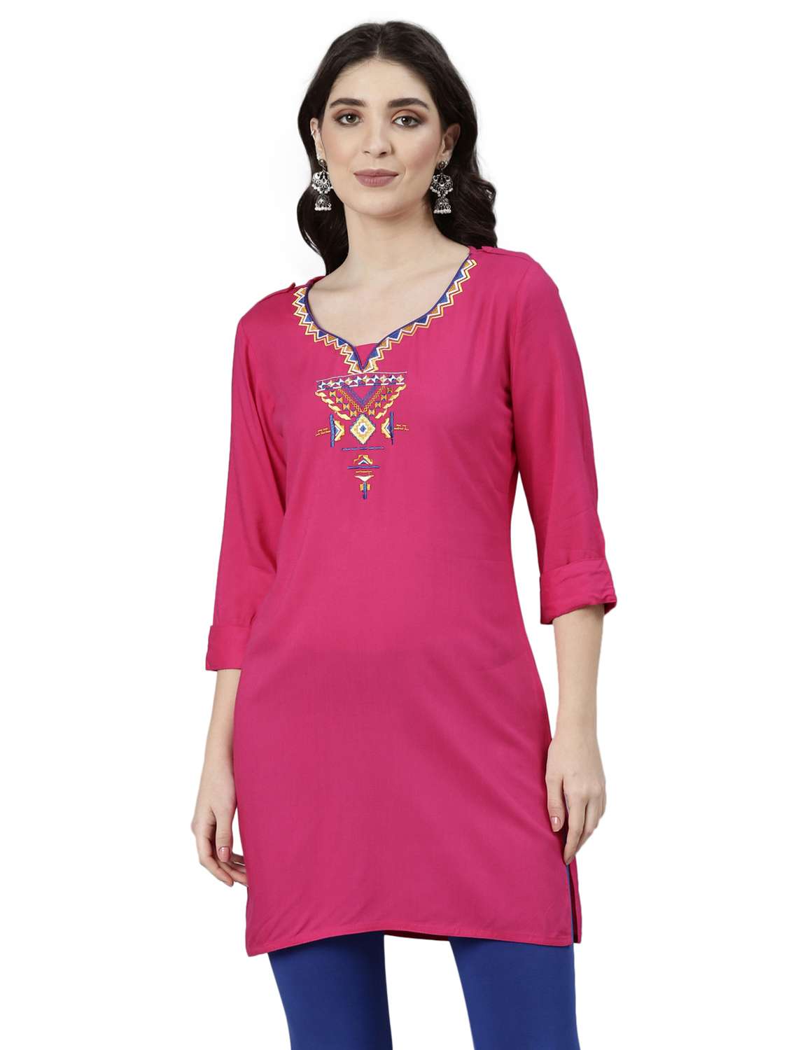 women pink three quarter sleeve straight kurti