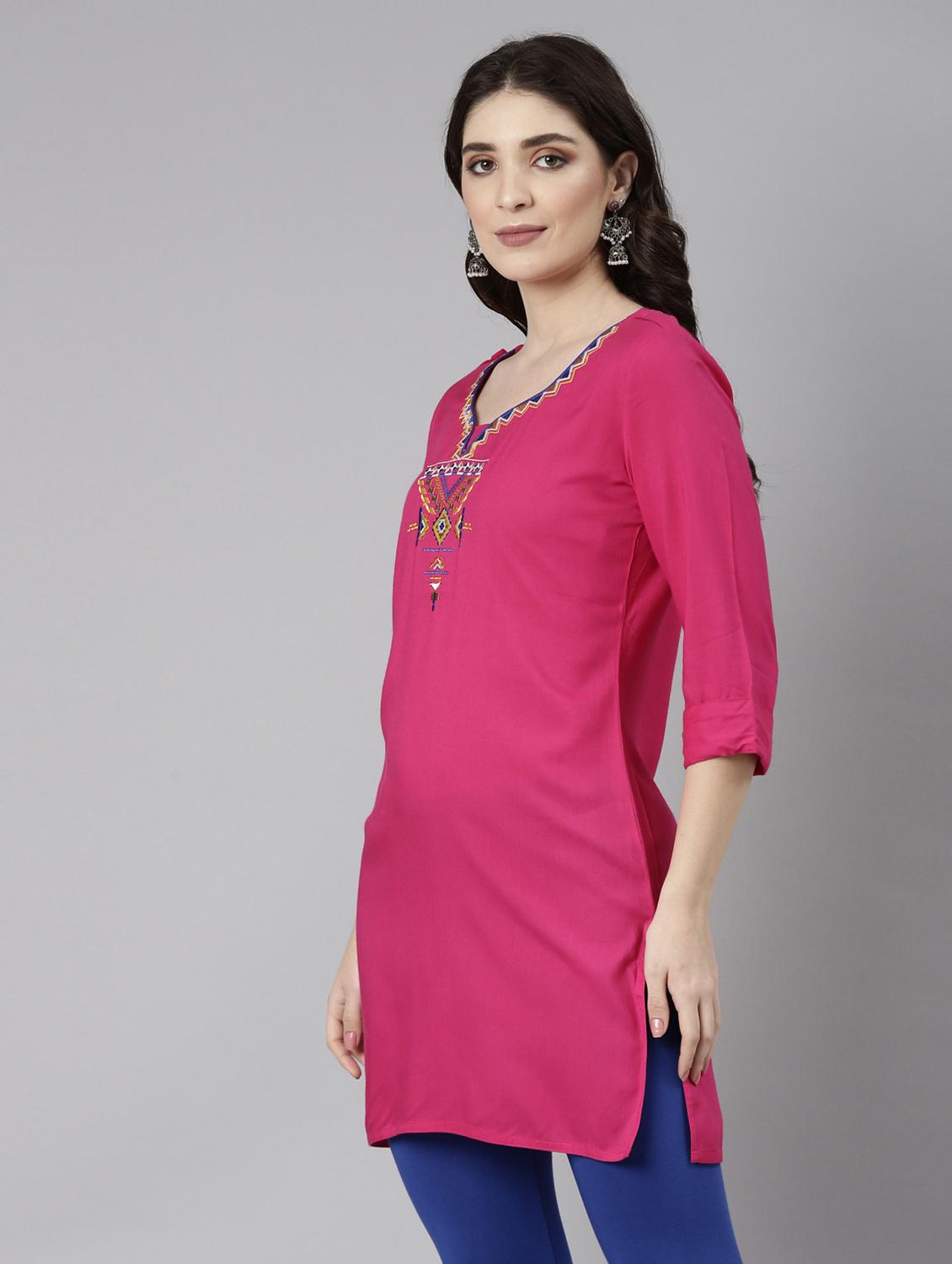 women pink three quarter sleeve straight kurti - 21729806 - Standard Image - 2