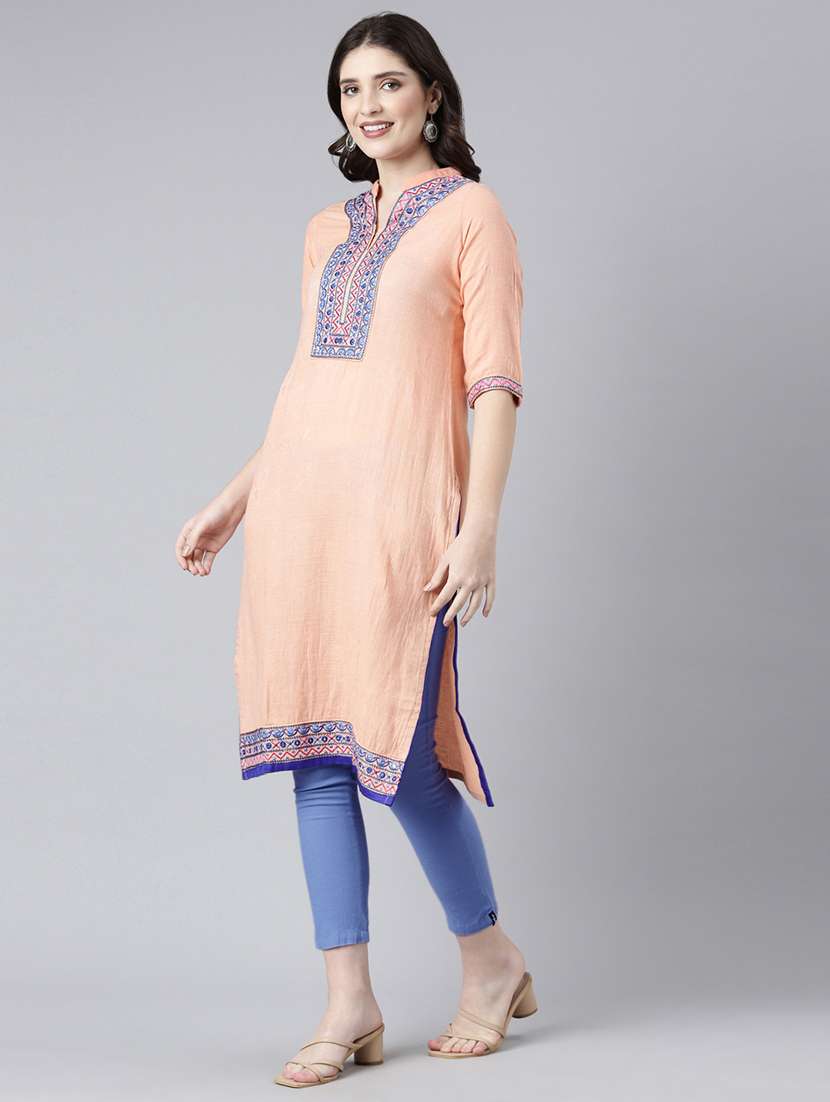 women embroidered three quarter sleeve straight kurta - 21729807 -  Standard Image - 2