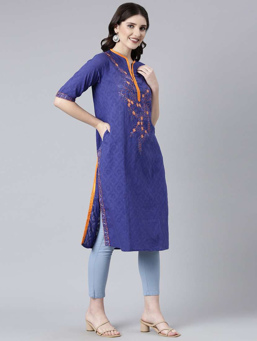 women blue embroidered three quarter sleeve straight kurta - 21729808 -  Standard Image - 2