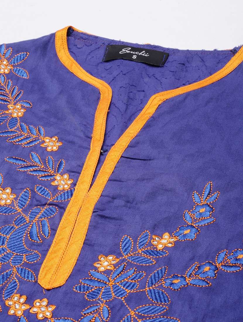 women blue embroidered three quarter sleeve straight kurta - 21729808 -  Standard Image - 7