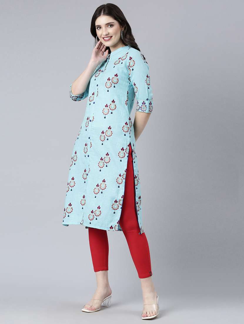 women embroidered three quarter sleeve straight kurta - 21729810 -  Standard Image - 2