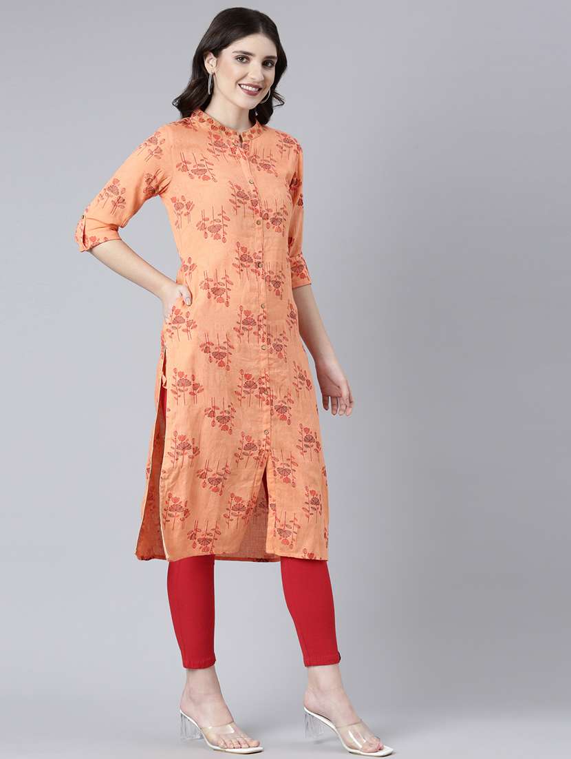 women peach floral roll up sleeve straight kurta - 21729811 - Standard Image - 2