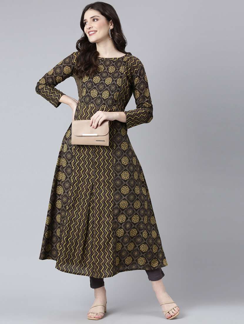 women brown printed long sleeve a-line kurta