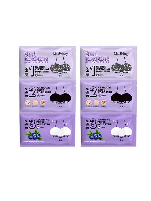 masking 3-in-1 blackheads remover nose strips, bubble cleansing, charcoal pore, soothing blueberry extract, pack of 2