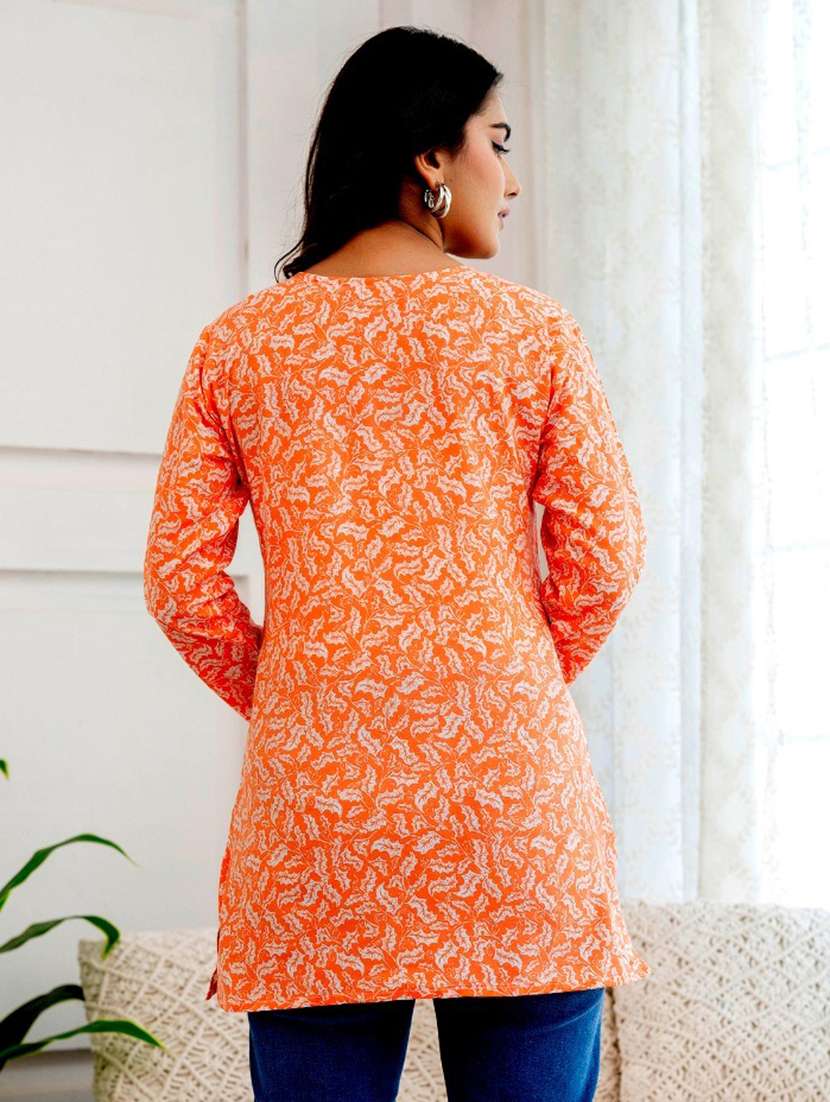 women orange printed long sleeve straight kurti - 21729867 - Standard Image - 2