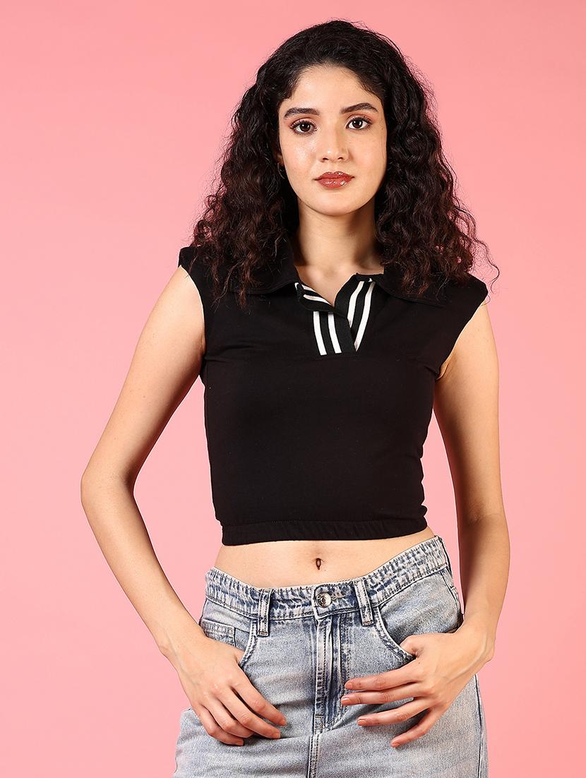 women solid sleeveless crop polo t-shirt - 21729933 - Zoom Image - 0