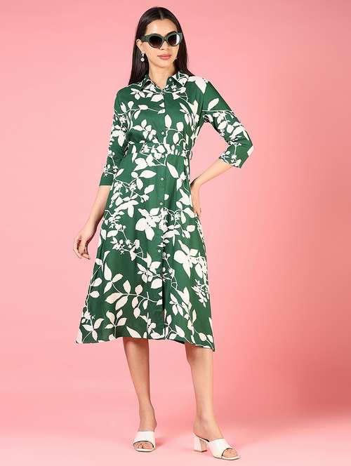 women printed three quarter sleeve fit & flare dress - 21729935 - Standard Image - 0