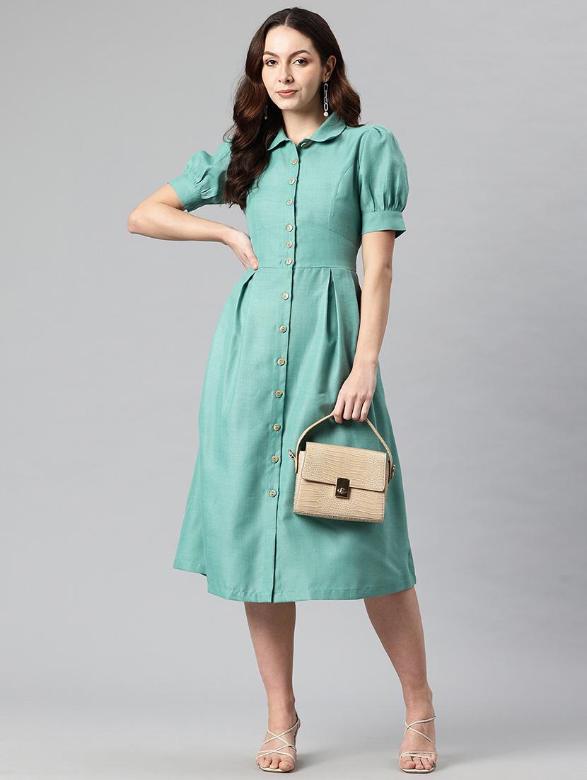 women solid collared puff sleeves a-line dress - 21730234 -  Zoom Image - 0