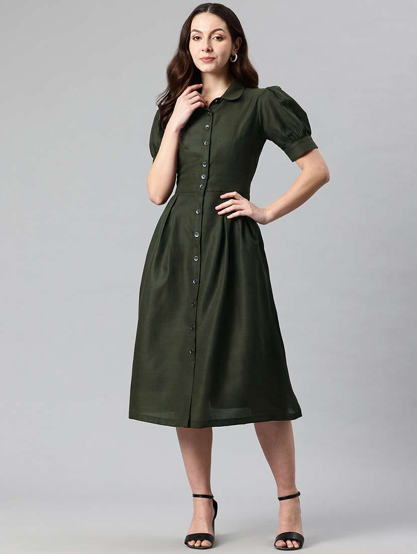 women solid collared puff sleeves a-line dress