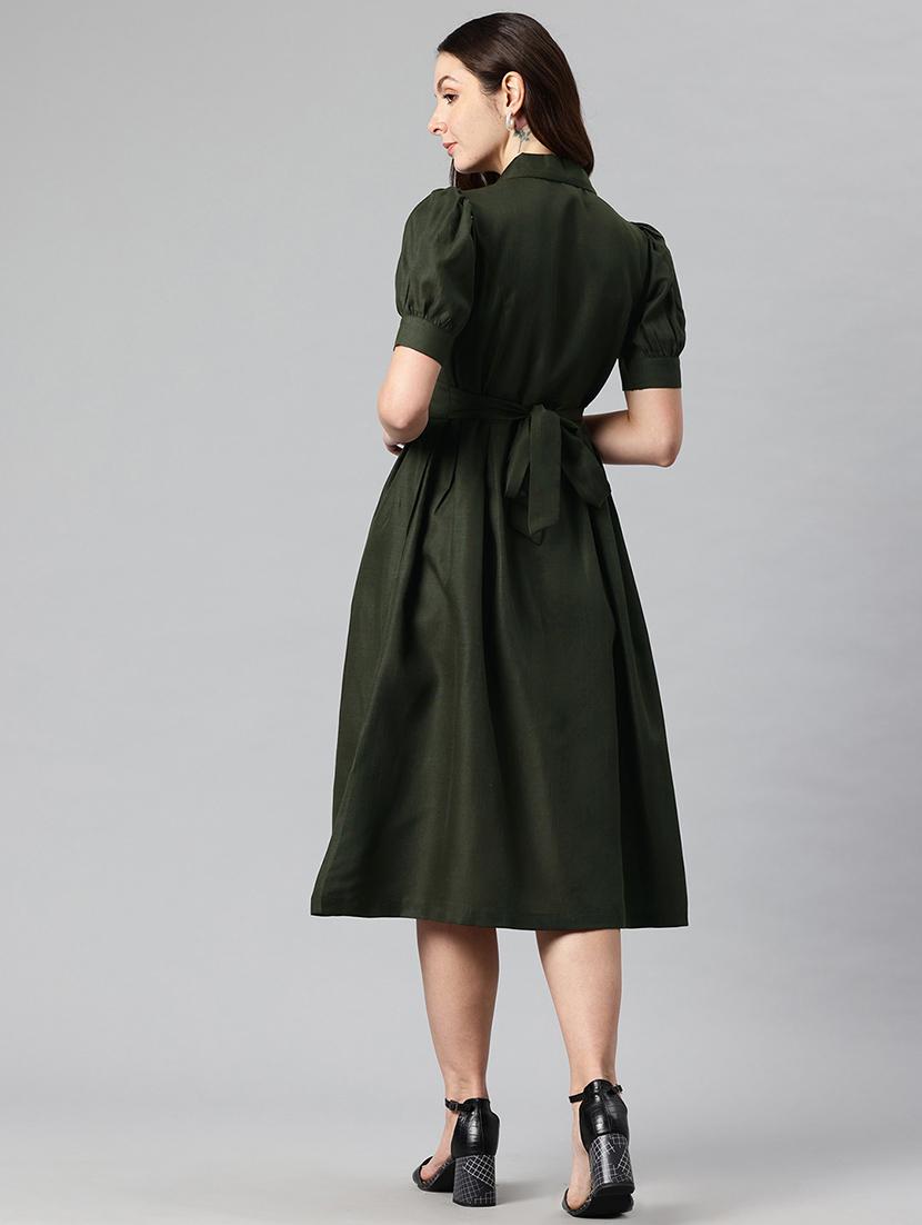 women solid collared puff sleeves a-line dress - 21730235 - Standard Image - 2