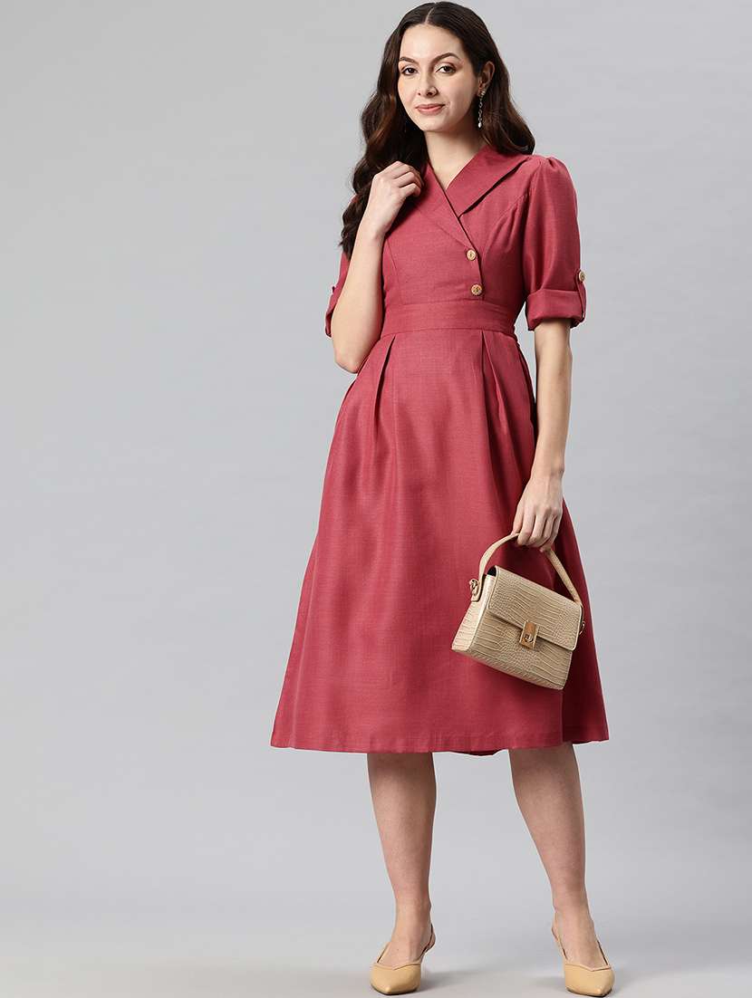 women solid laple neck a-line dress - 21730240 -  Zoom Image - 0