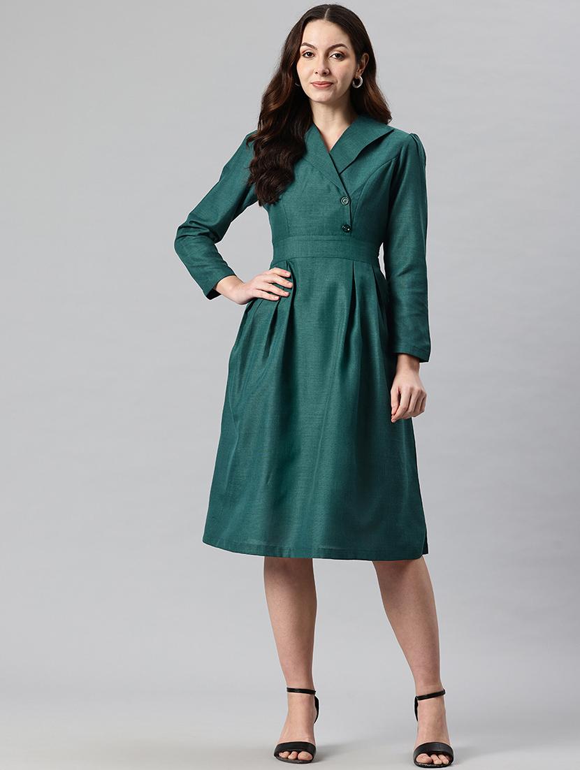 women solid puff sleeves lapel collar a-line dress