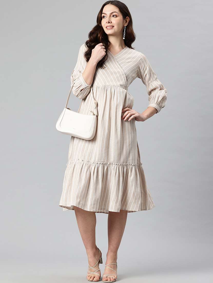 women striped puff sleeves tiered dress