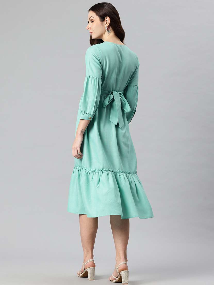 women solid puff sleeves tiered dress - 21730254 -  Standard Image - 2