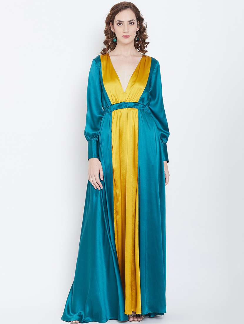 women v-neck color block fit & flare dress