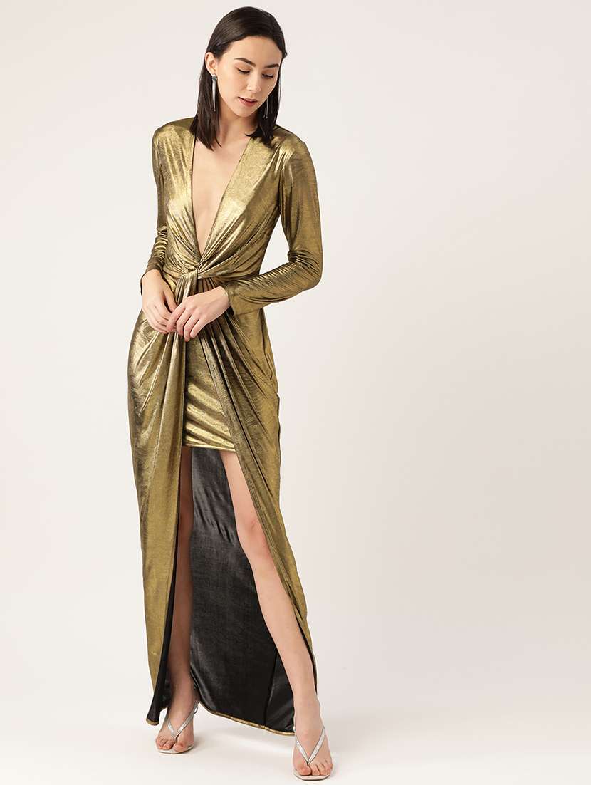 women solid high slit dress