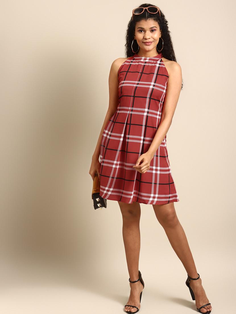 women halter neck checkered a-line dress - 21730301 - Zoom Image - 0