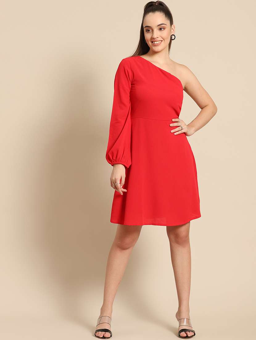 women single shoulder solid a-line dress