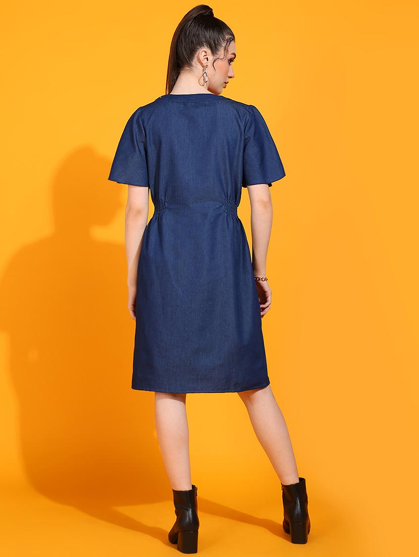 women v-neck solid a-line dress - 21730333 - Standard Image - 2