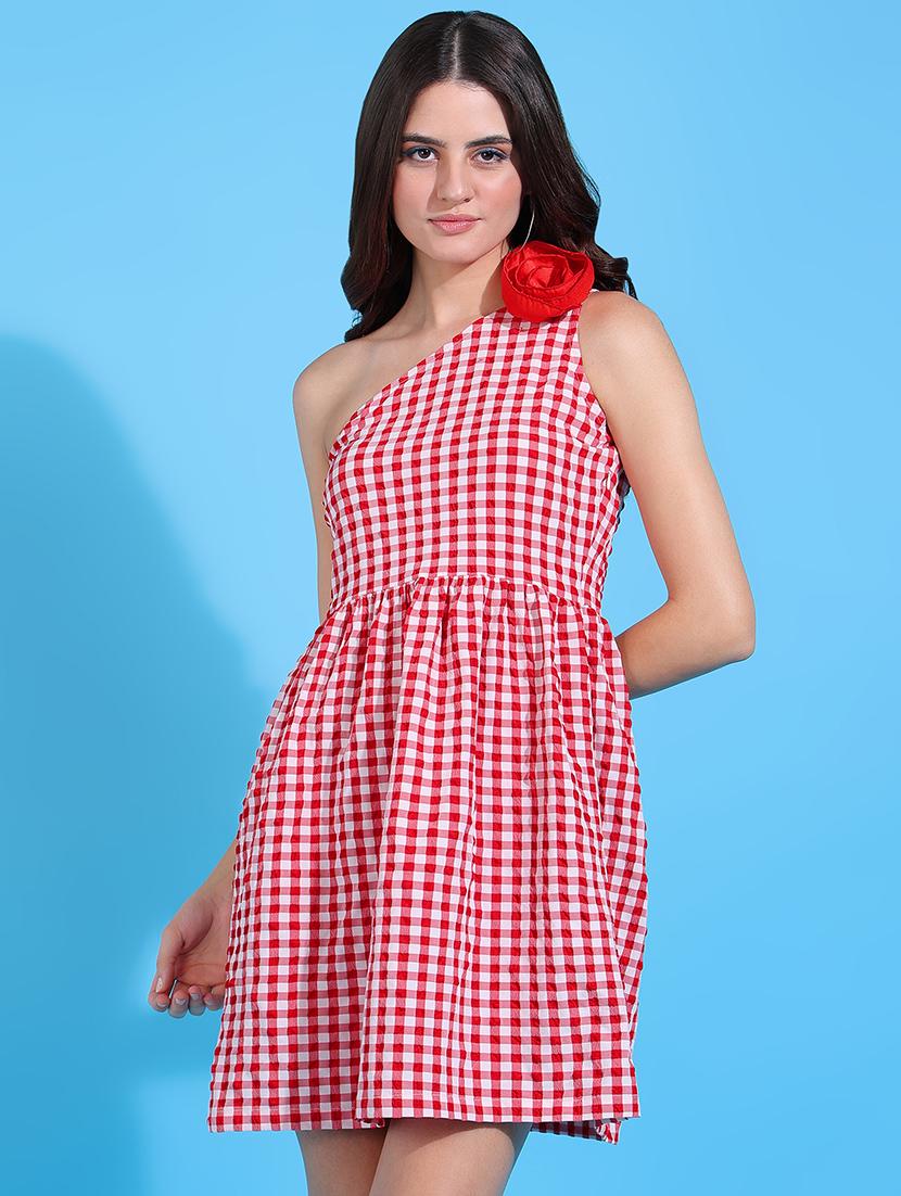 women single shoulder checkered a-line dress - 21730363 -  Zoom Image - 0