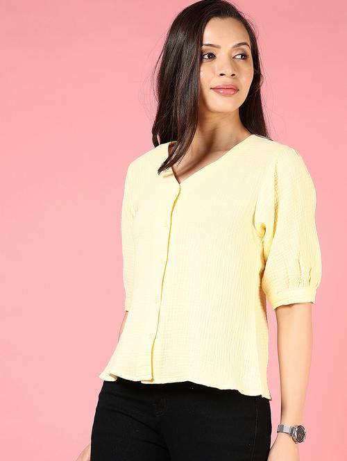 women yellow solid puff sleeve regular top - 21730396 -  Standard Image - 0