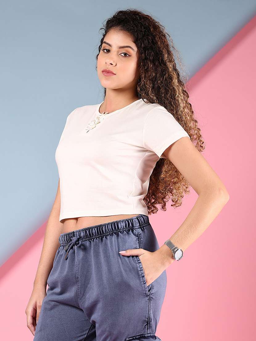 women solid short sleeves crop t-shirt - 21730408 -  Standard Image - 2