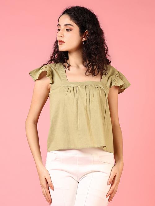 women olive solid square neck top - 21730428 - Standard Image - 0