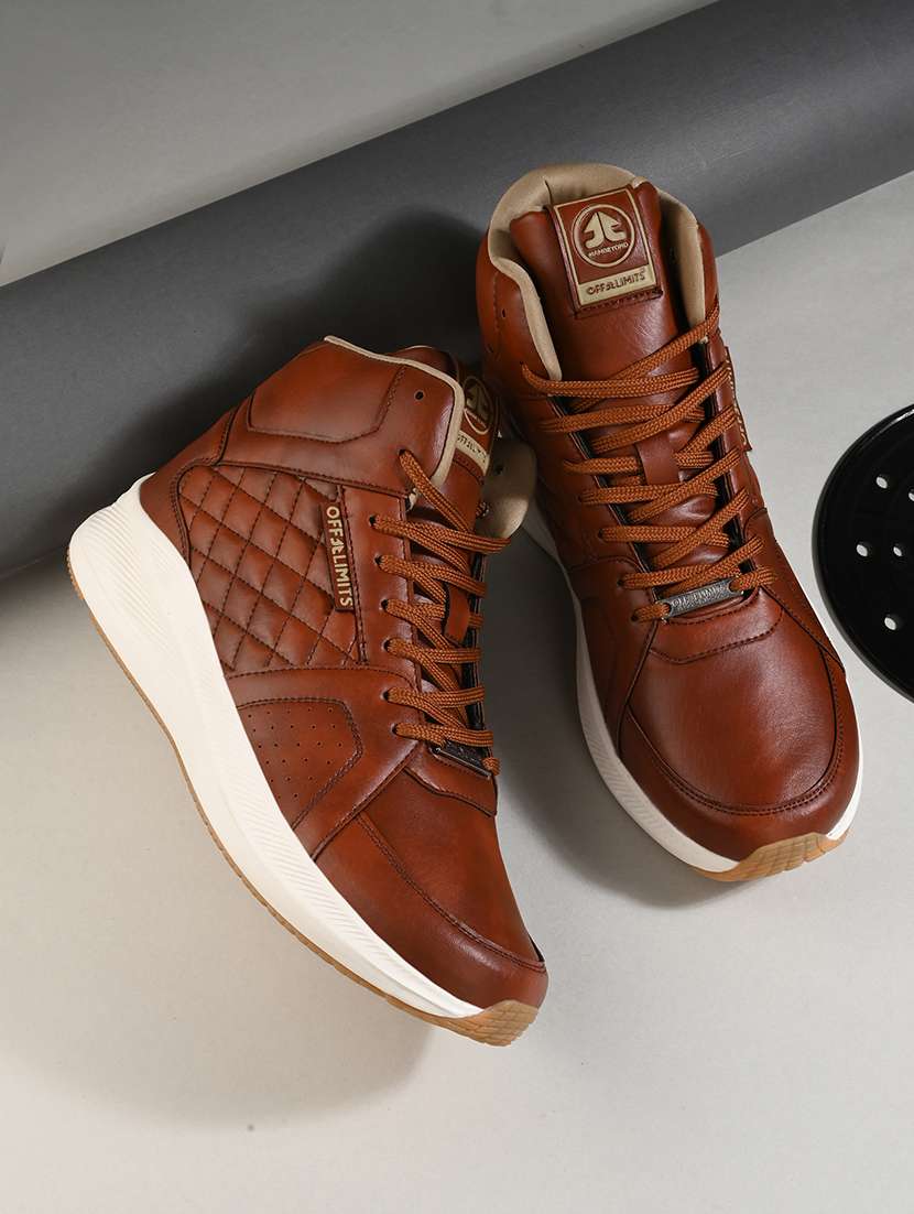 men solid tan lace up high ankle sneaker