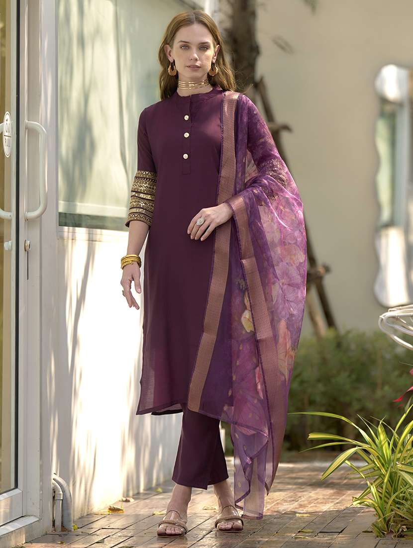 women three quarter sleeve kurta pant with dupatta set 