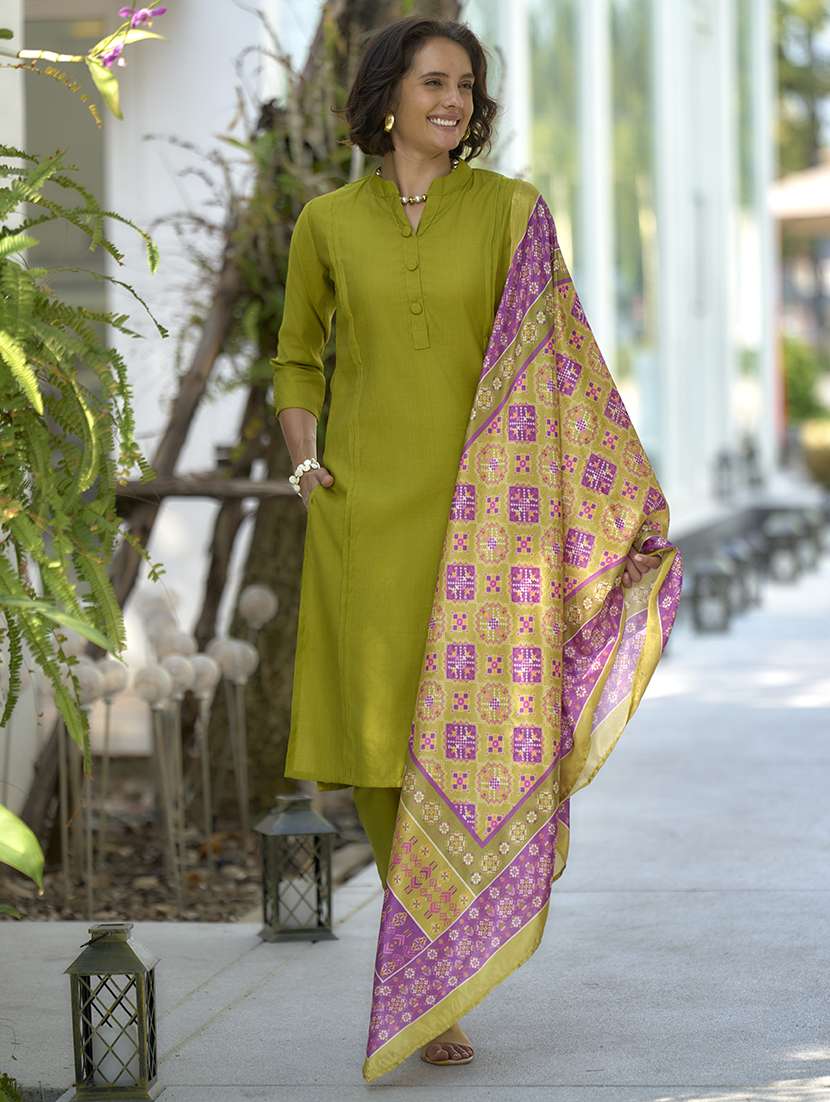 women three quarter sleeve kurta pant with dupatta set 