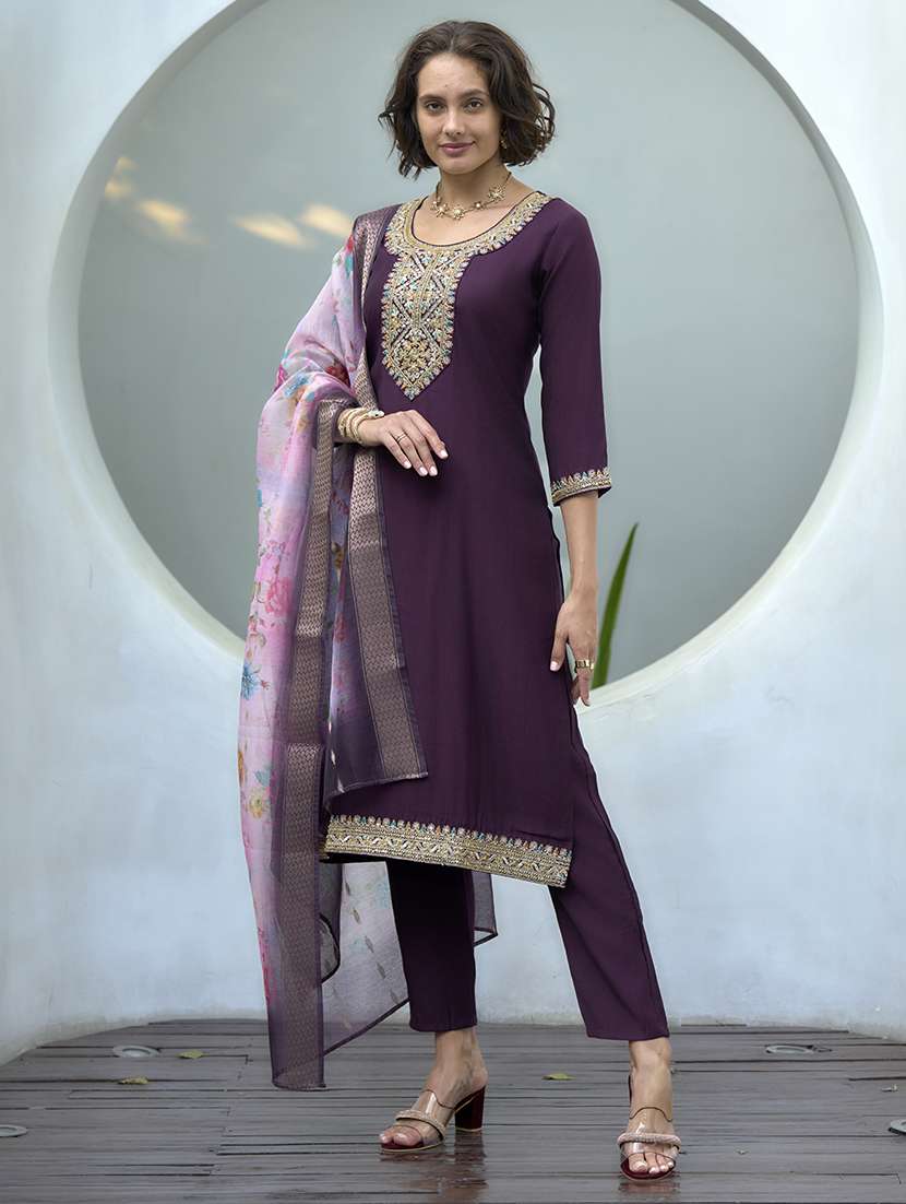 women three quarter sleeve kurta pant with dupatta set 
