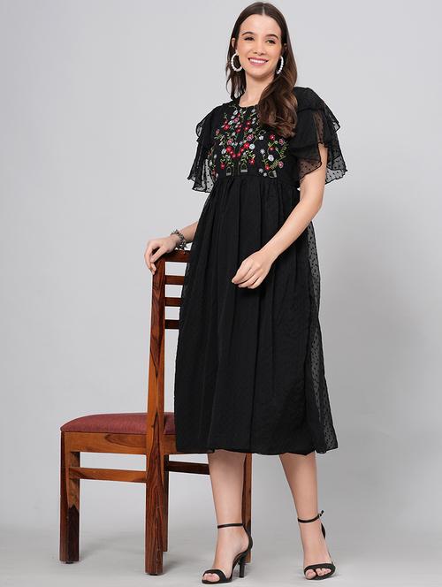 women embroidered ruflfled sleeves fit & flare dress - 21730869 -  Standard Image - 0