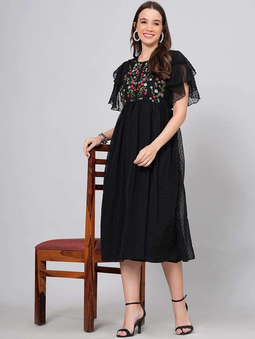 women embroidered ruflfled sleeves fit & flare dress - 21730869 -  Zoom Image - 0