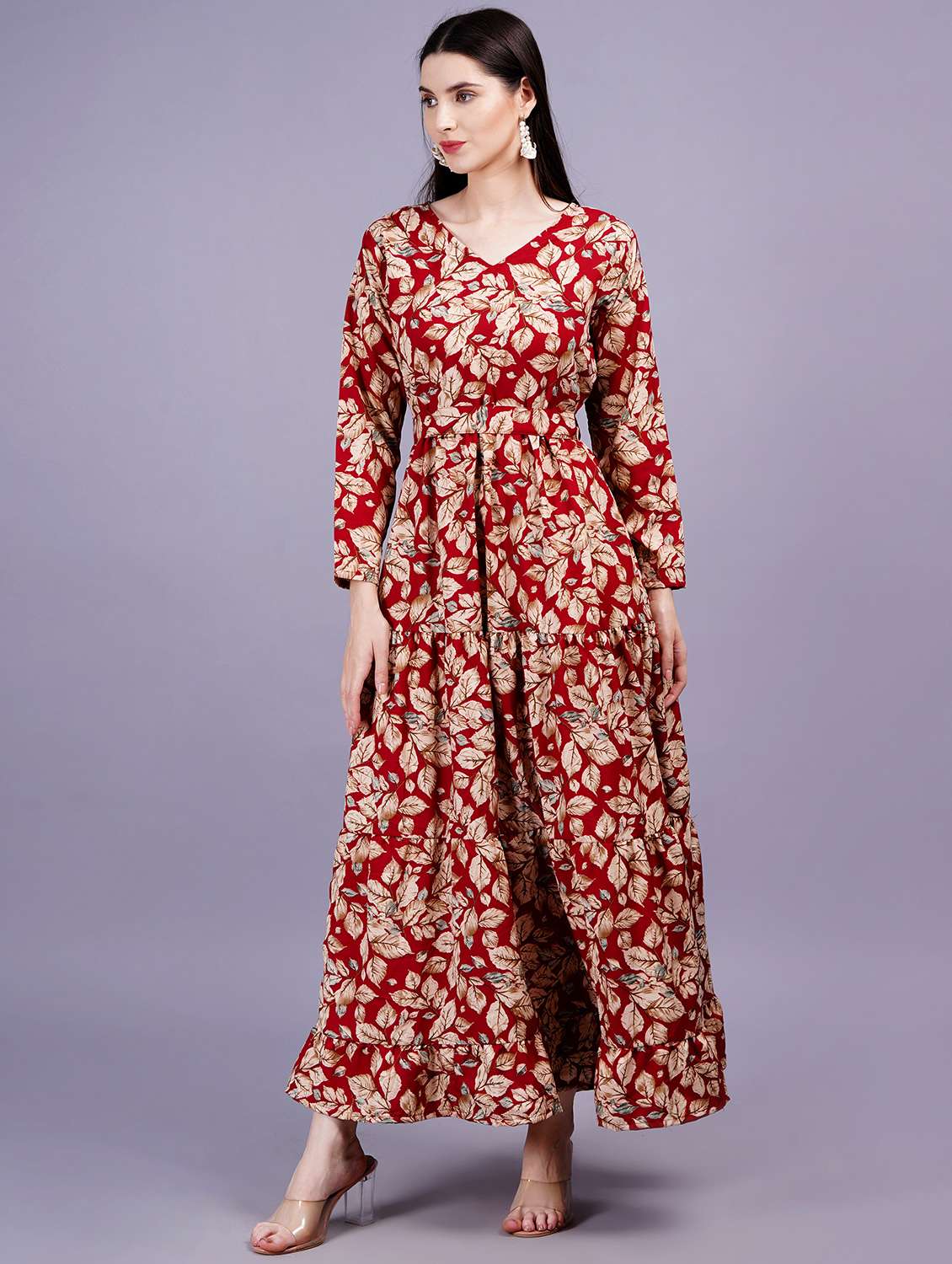 women printed puff sleeves fit & flare dress - 21730882 - Standard Image - 2