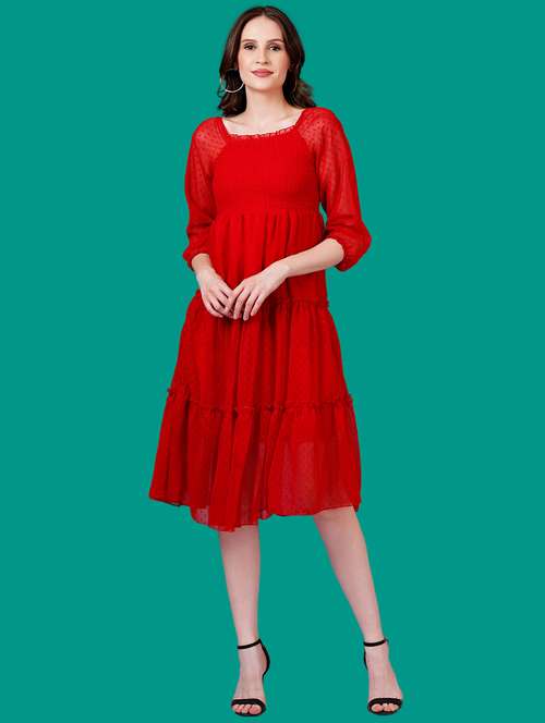 women self designed puff sleeves tiered dress - 21730890 -  Standard Image - 0