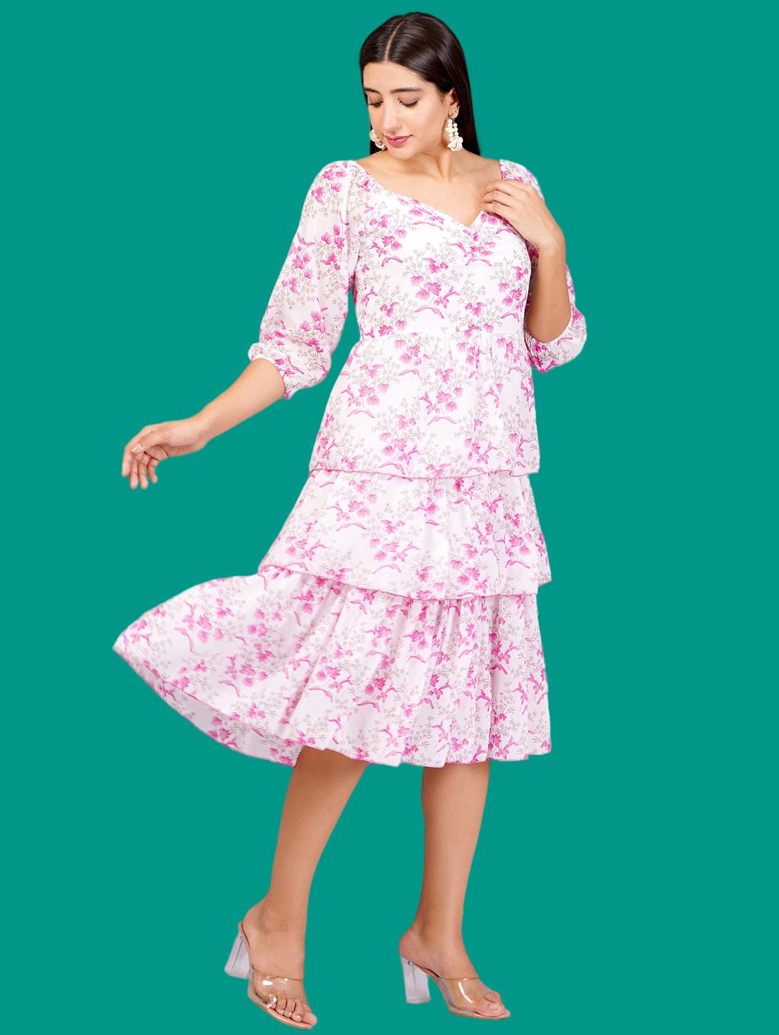 women printed puff sleeves layered dress - 21730906 - Standard Image - 2