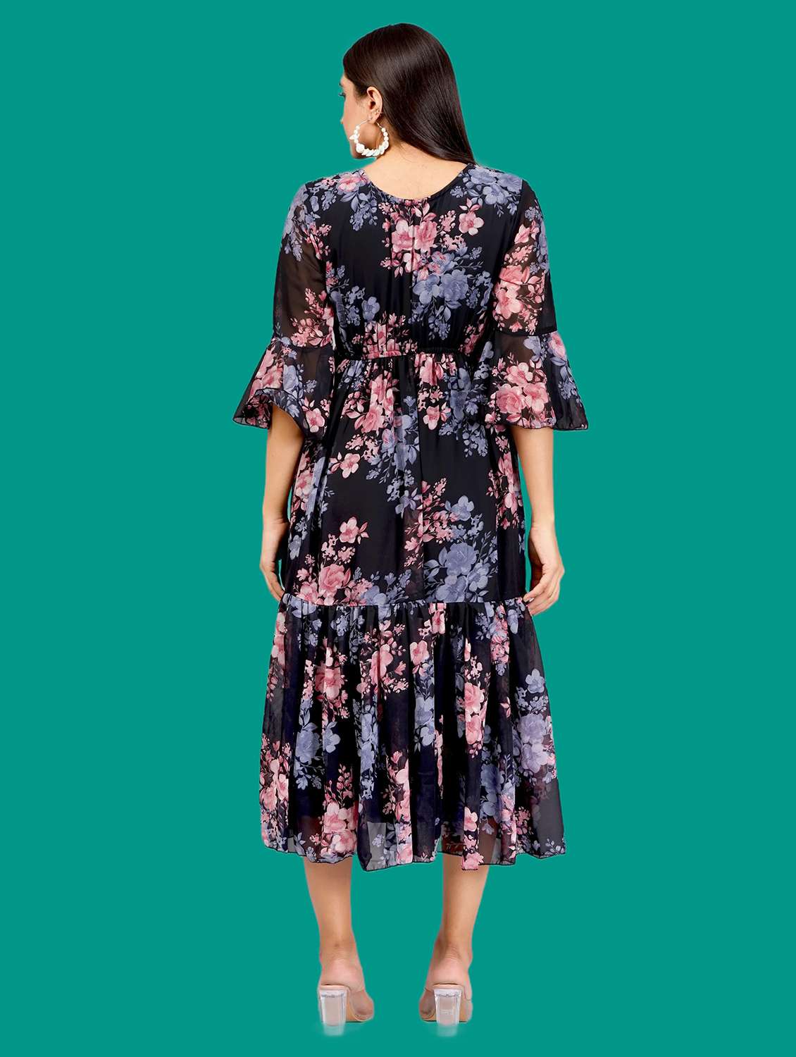 women printed bell sleeves tiered dress - 21730909 -  Standard Image - 2