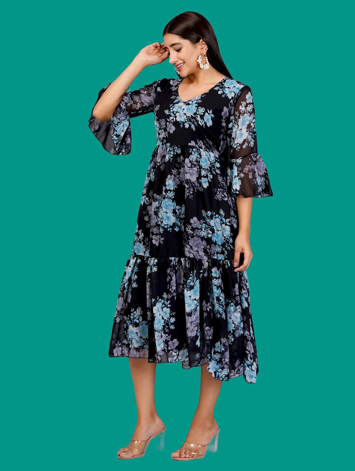 women printed bell sleeves tiered dress - 21730911 -  Standard Image - 2