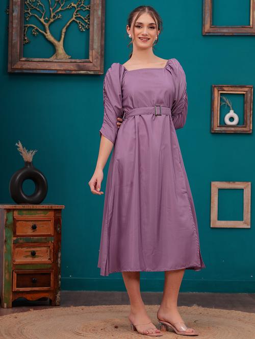 women solid puff sleeves a-line dress - 21730972 - Standard Image - 0