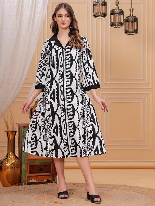 women printed lapel collar a-line dress - 21730977 - Standard Image - 0